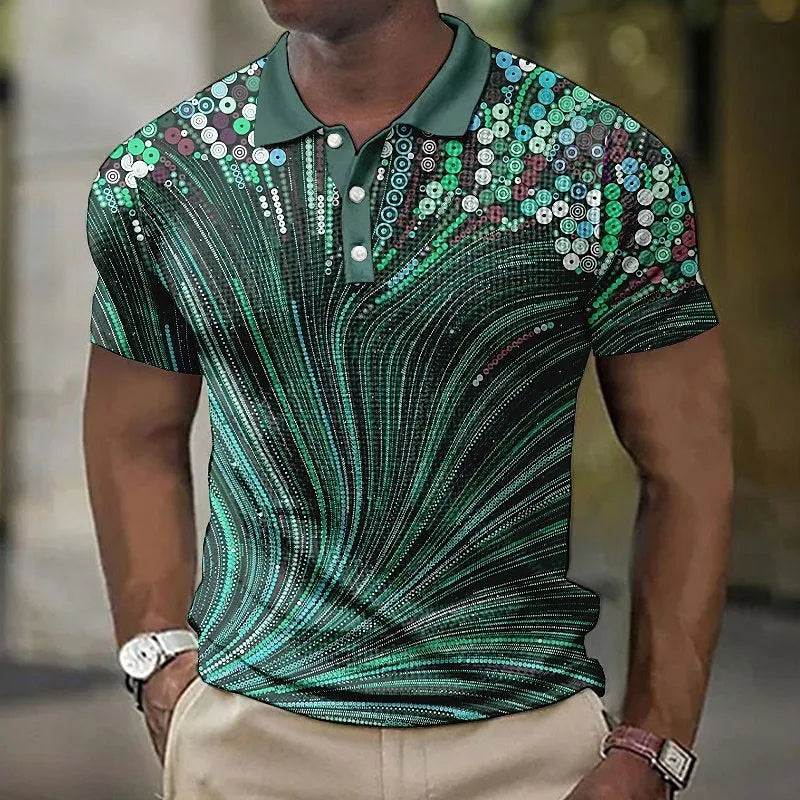 Men's asymmetric short sleeve shirt with striped and geometric printed pattern in a lightweight cotton blend fabric.