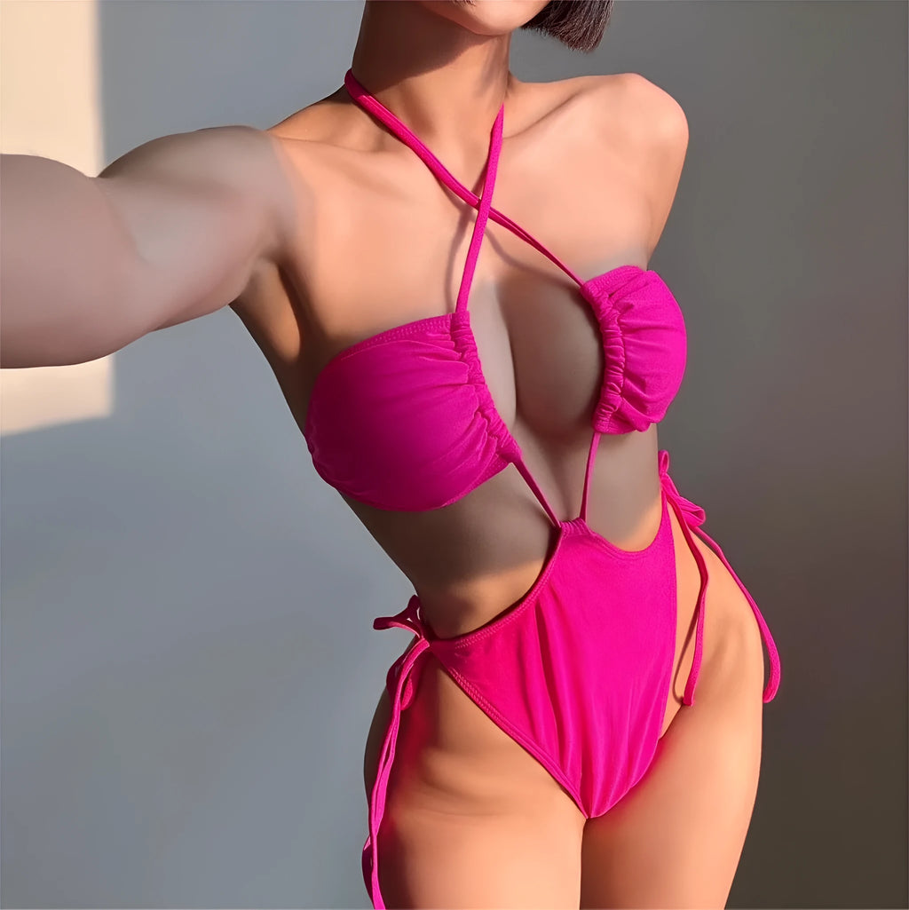 Women's solid colour drawstring one-piece swimsuit in briefs cut on a mannequin.