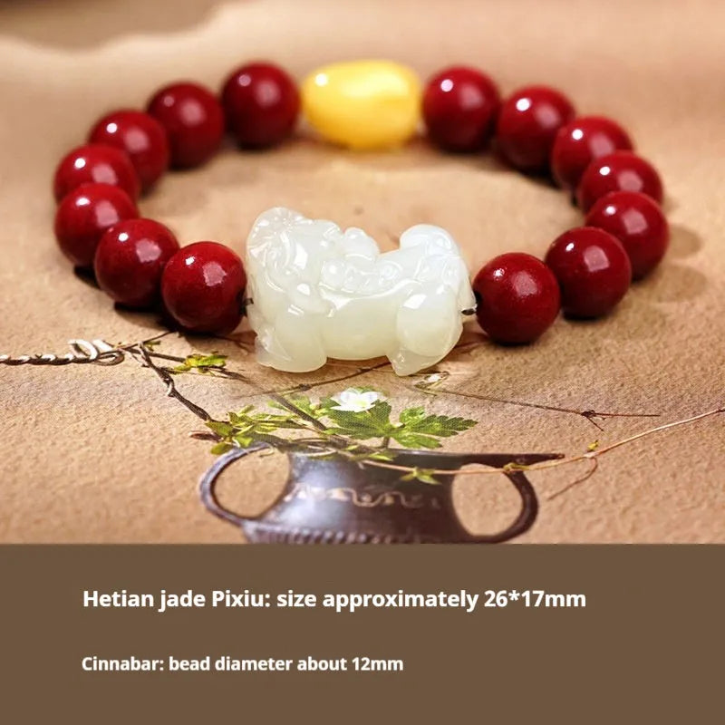 Traditional Chinese Hetian jade bracelet with black and red braided ropes and jade beads on elastic cord
