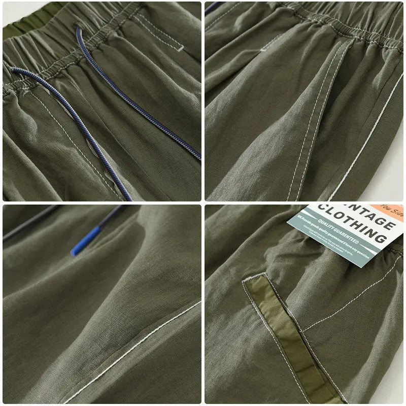 Men's linen casual shorts with loose straight-leg drooping style in black or green colours