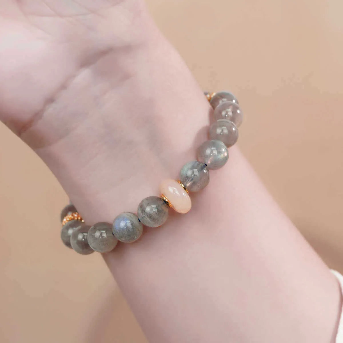 Grey moonstone women's bracelet with 8mm round beads, handmade half cuff design