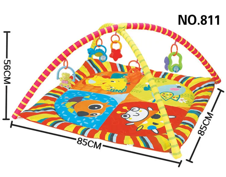 Velvet baby gymnastic blanket with colourful animal motifs for crawling and ability training.
