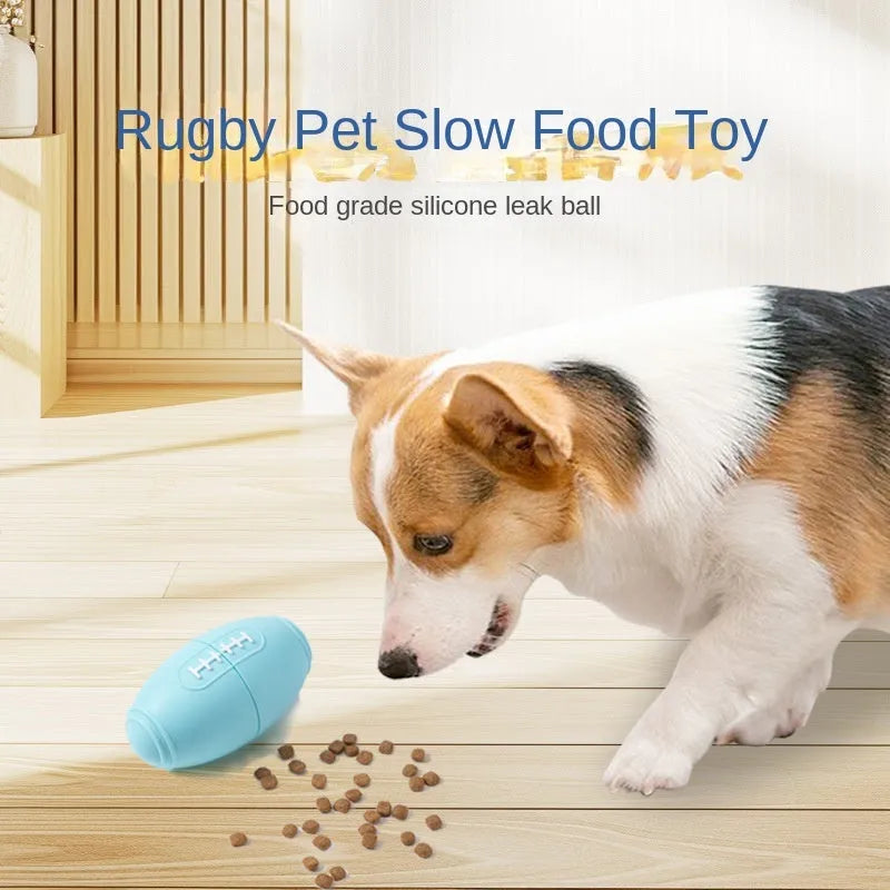 Silicone rugby-shaped dog tug toy in blue colour for interactive play and chewing