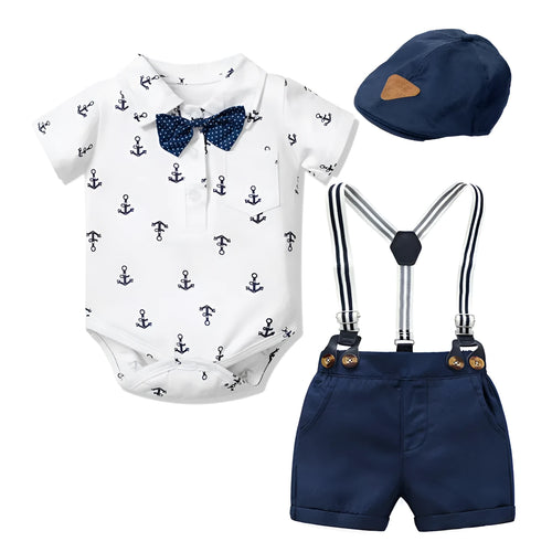 Blue cotton baby boy romper with printed triangle design and short sleeves