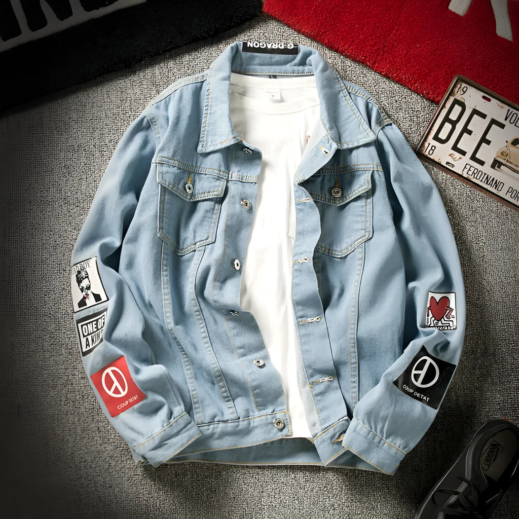 Blue loose-fit denim jacket with lapel collar and multiple pockets