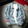 Blue loose-fit denim jacket with lapel collar and multiple pockets