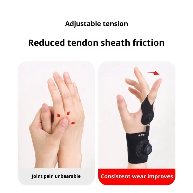Rotating trigger finger corrector for thumb tendon sheath, five-finger universal, left hand shown, size S or M