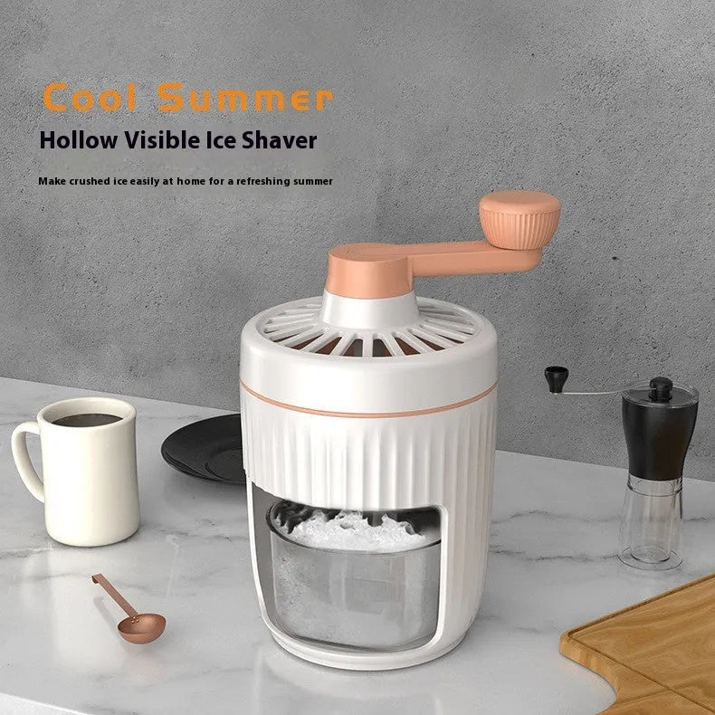 Hand-cranked ice shaving machine in green and orange, compact portable snow cone maker with ergonomic handle and removable ice box.