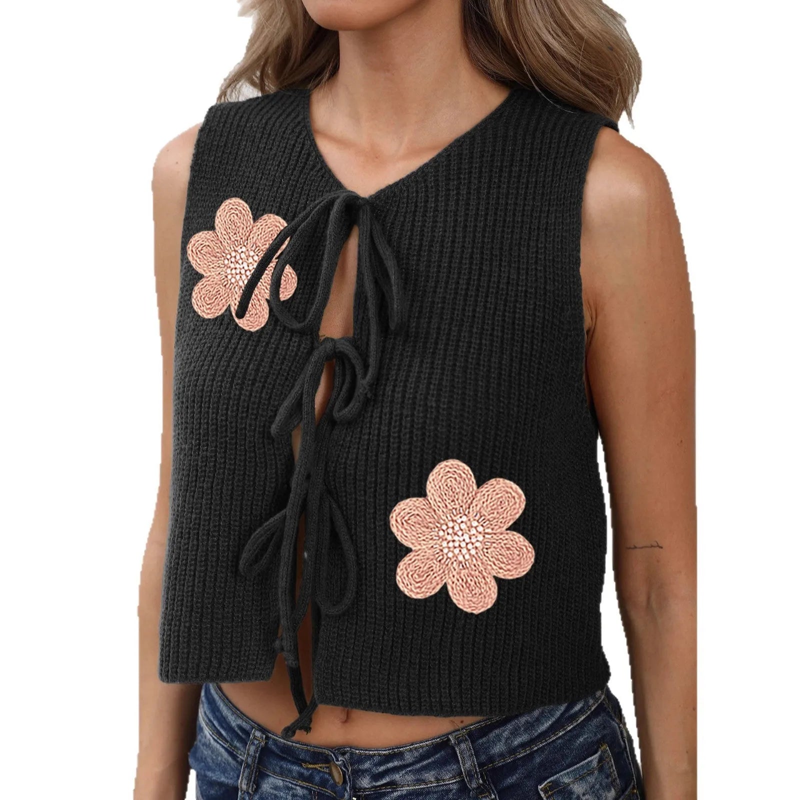 Short white sleeveless cardigan vest for women with lace-up bows and a flower pattern.