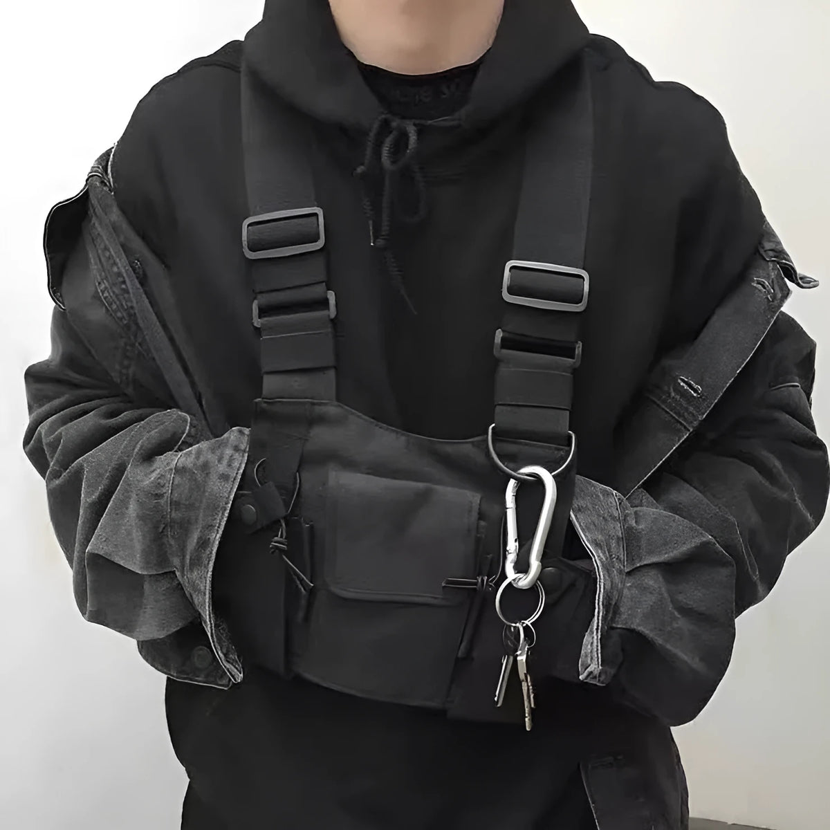 Black tactical tooling chest bag for men with striped pattern, Oxford cloth construction for travel use