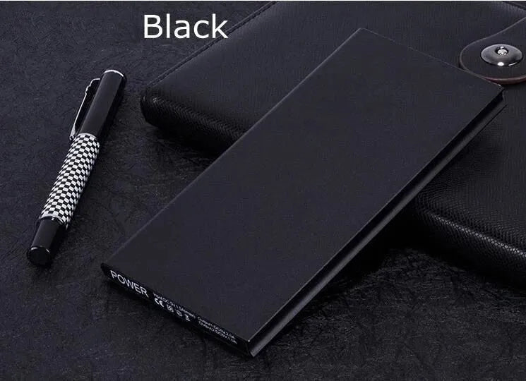 8000mAh aluminium alloy power bank with LED light and two USB ports in various colours.
