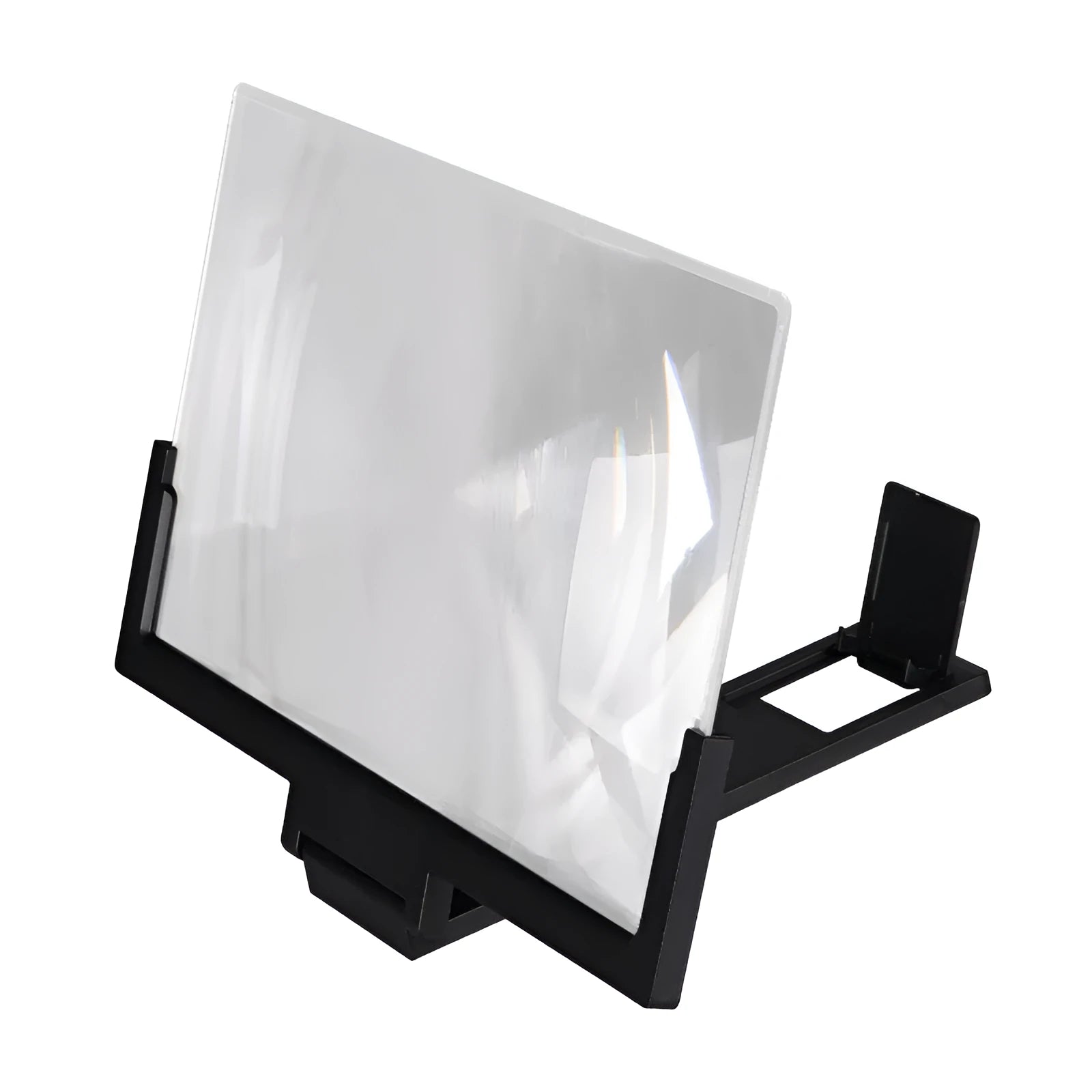 Mobile phone stand magnifier with black frame and clear acrylic screen showing magnification effect