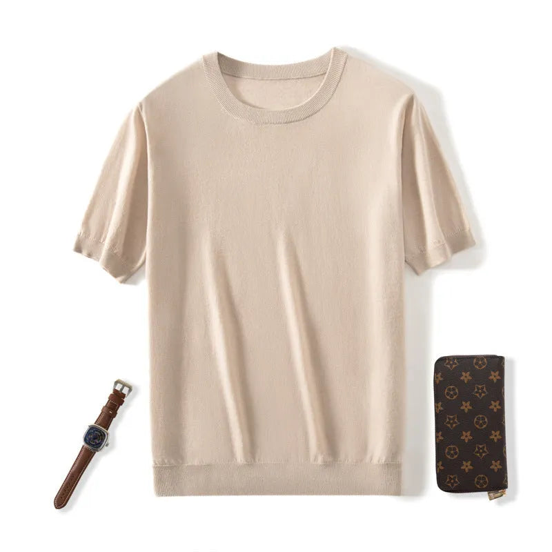 Men's loose-fit knitted casual short sleeve shirt in a choice of eight colours including black, blue, and grey.