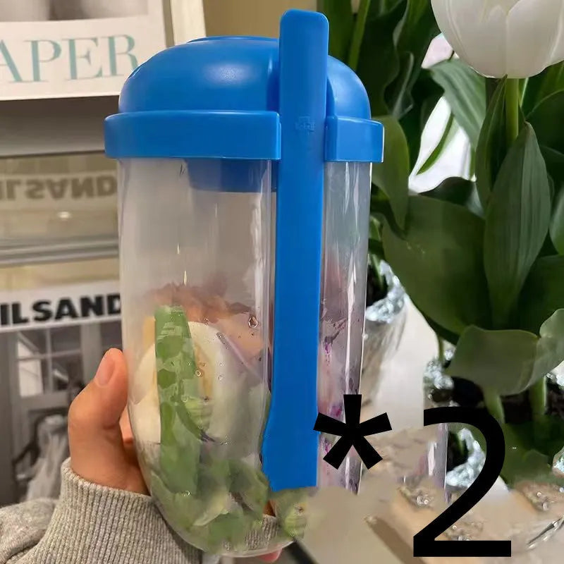 Ins style 1000ml salad cup with white fork and leak-proof cover, Klein Blue colour, on white background