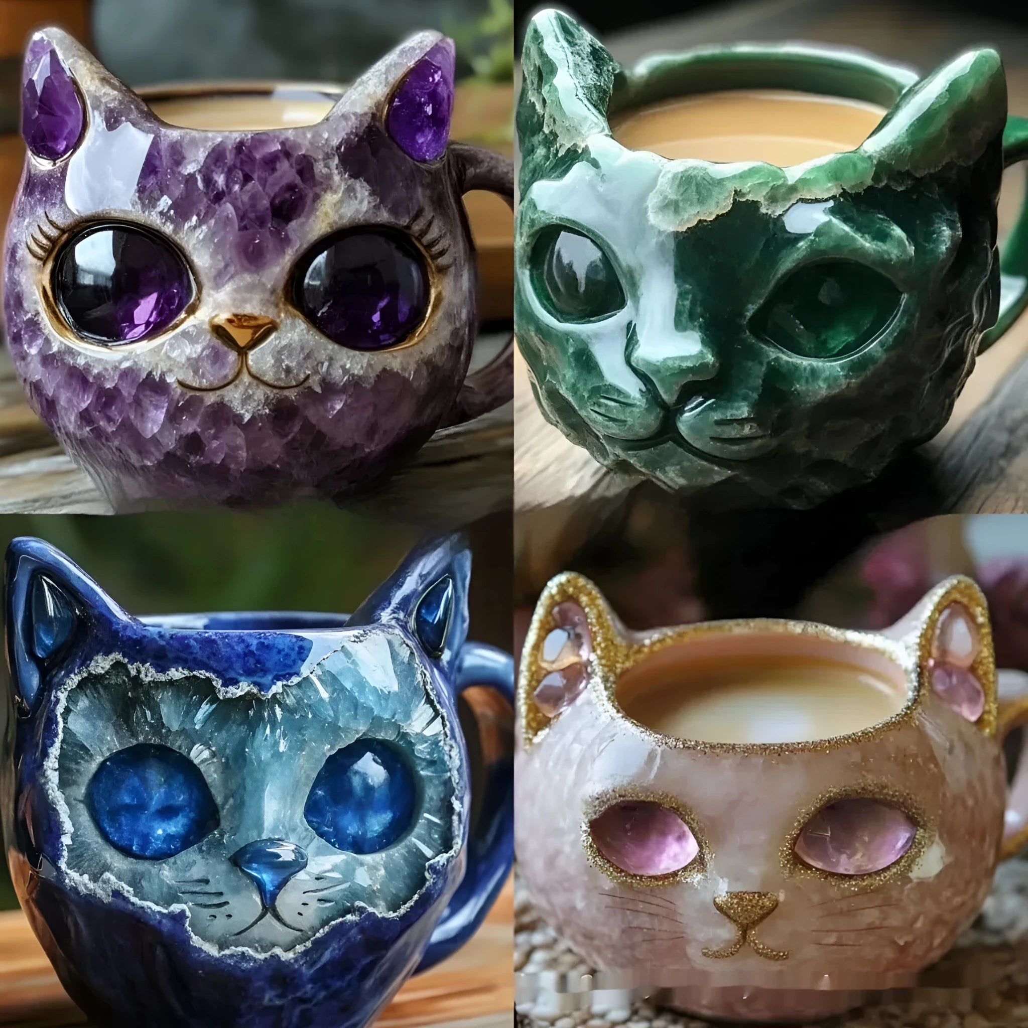 Purple geode crystal cat design resin mug for drinks on a wooden table.