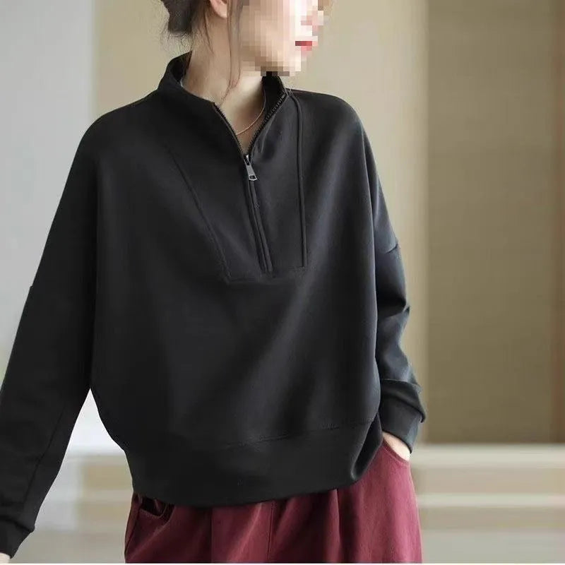 Plus size women's long sleeve short top in Dralon fabric, colour Brown, loose tunic cut, NORNS girl pattern
