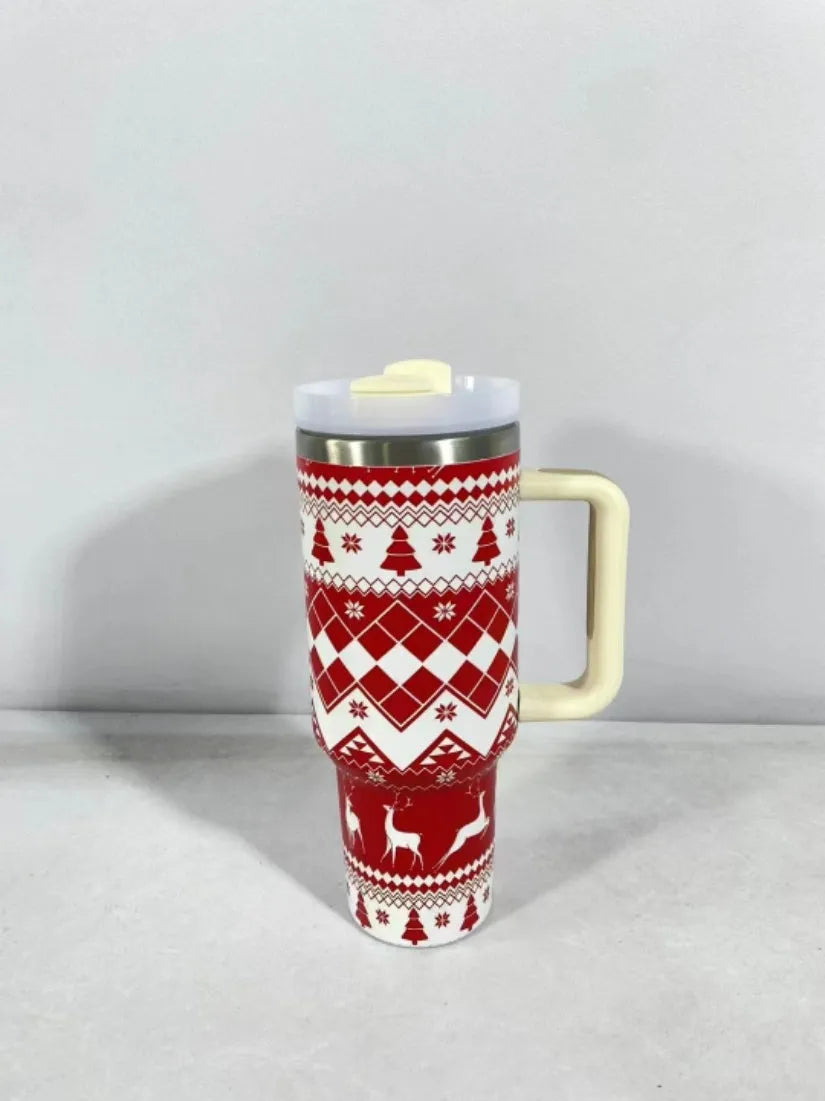 Christmas pattern stainless steel vacuum tumbler with handle, lid and straw - 1200ml capacity travel cup