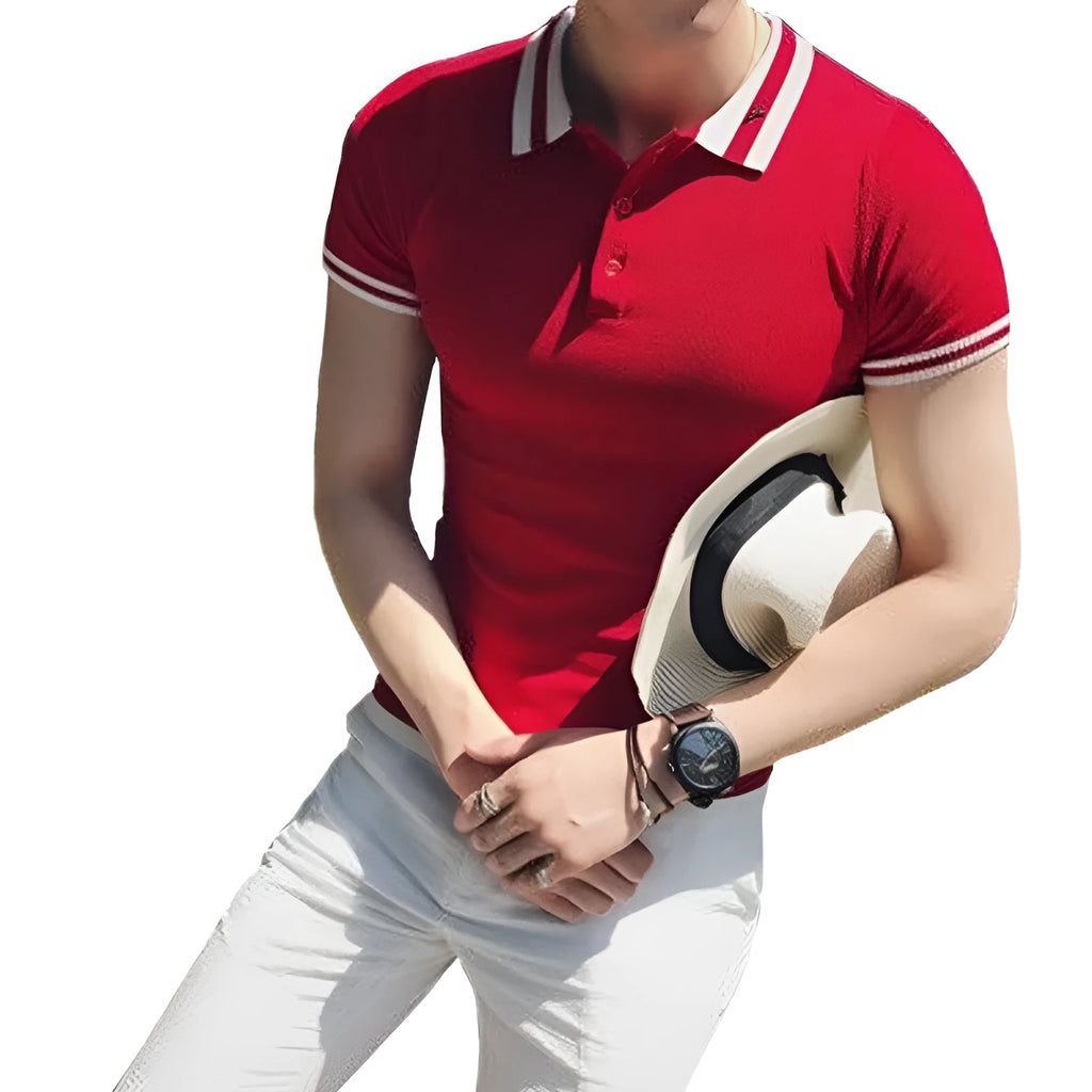 Casual thin slim fit short sleeve polo shirt for men in black white red polyester viscose blend