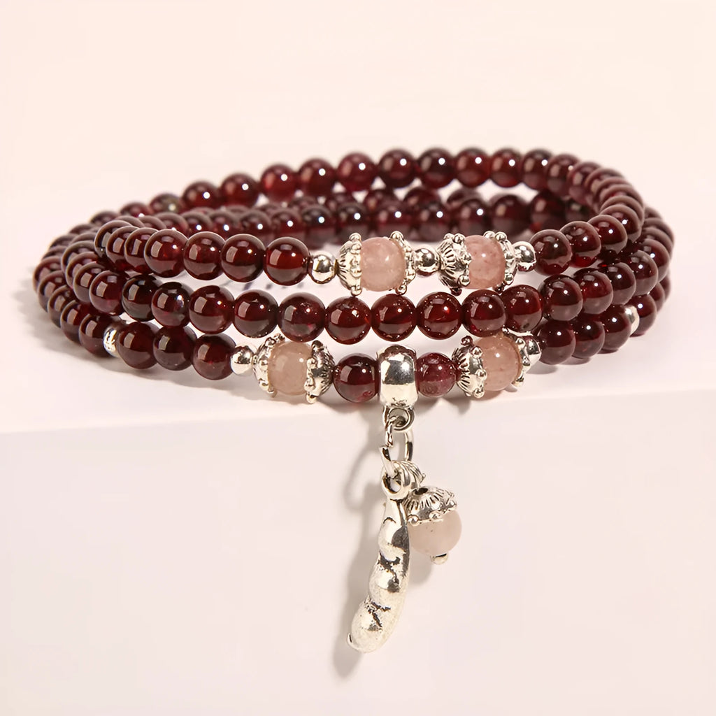 Women's wine red garnet crystal bracelet with floral Bohemian ethnic design