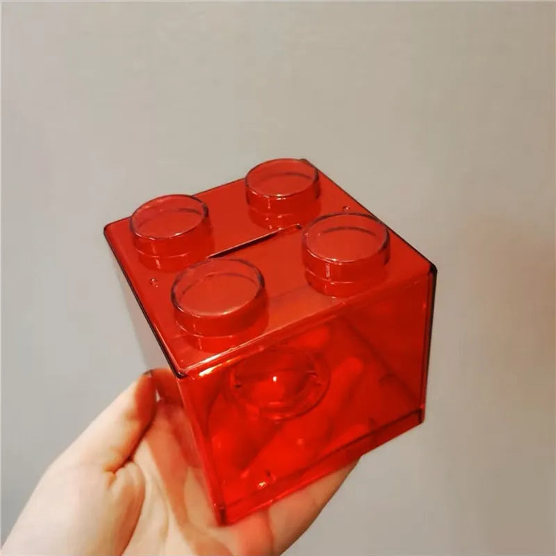 Plastic building blocks piggy bank cube shape 9x9x8.8 cm five colours