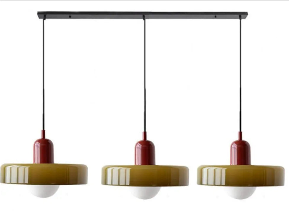 Retro three-head chandelier with glass shades and iron construction in wine red colour