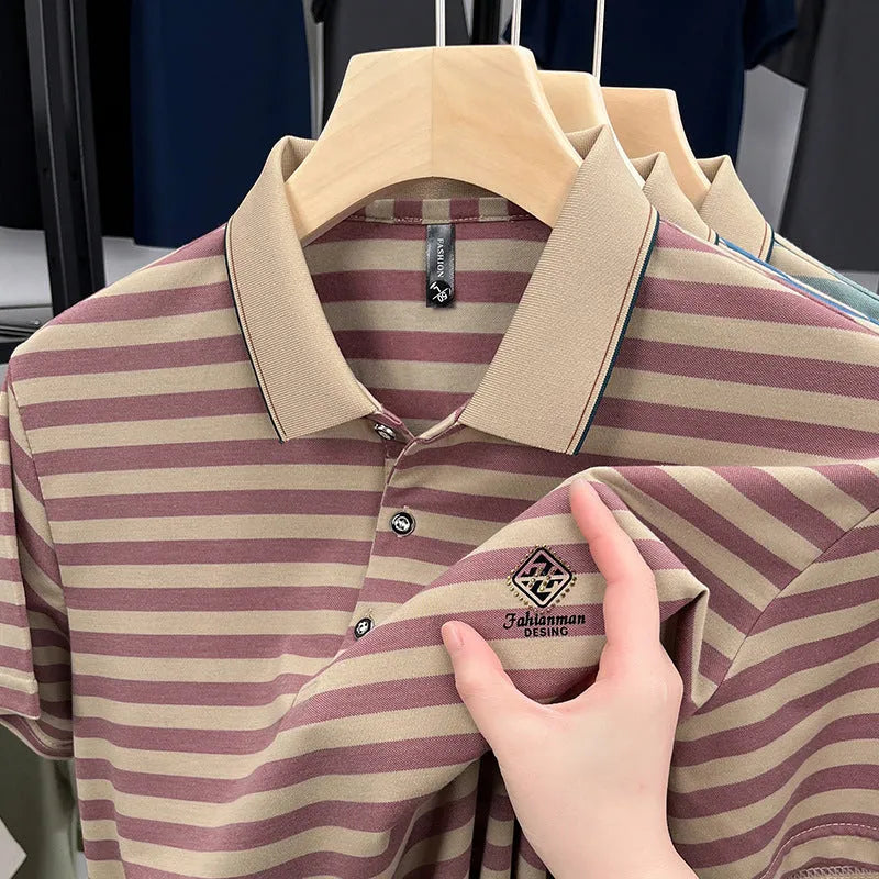 Striped red men's short sleeve t-shirt with a mosaic pattern detail on the front.