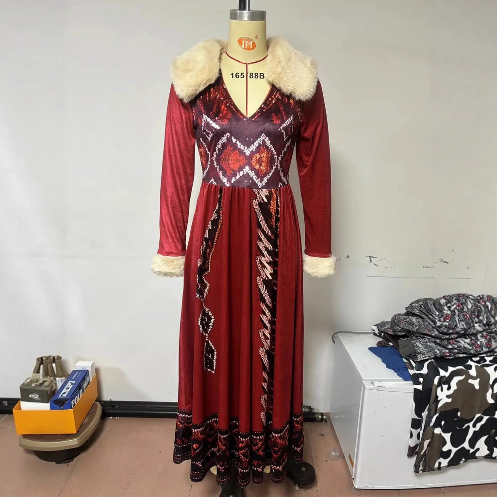 Red fur collar long thickened dress with asymmetric skirt and high waist, front view