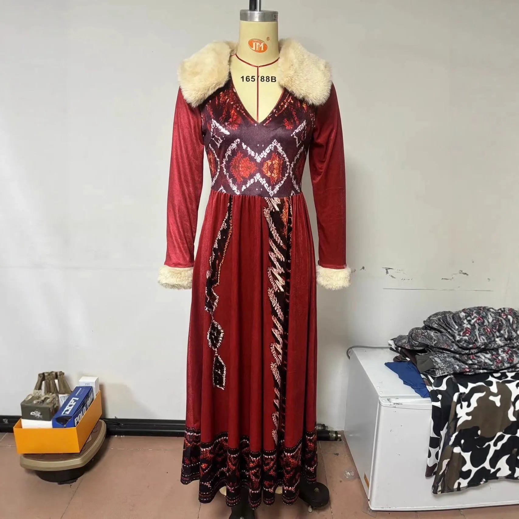 Red fur collar long thickened dress with asymmetric skirt and high waist, front view