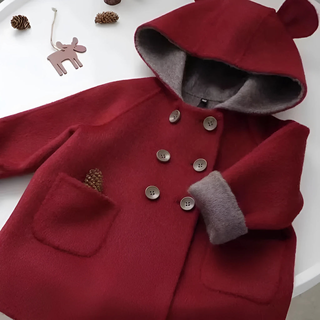 Thickened two-colour double-sided cashmere wool coat for children, hooded double breasted mid-length, apricot beige