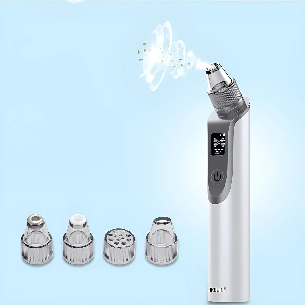 White ultrasonic vibration facial cleansing instrument with blackhead removal suction heads and 500MAH battery
