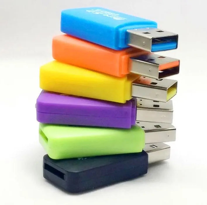 Compact white Mini USB TF card reader with separate SD card adapter for 16GB MicroSD memory cards.