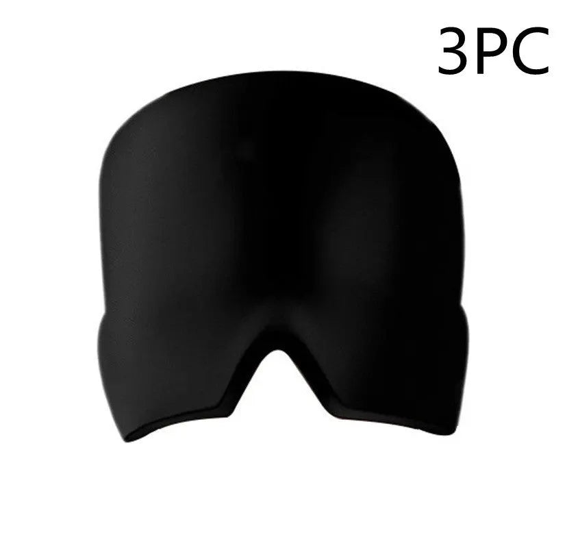 Black reusable ice gel headache relief eye mask on a white background.