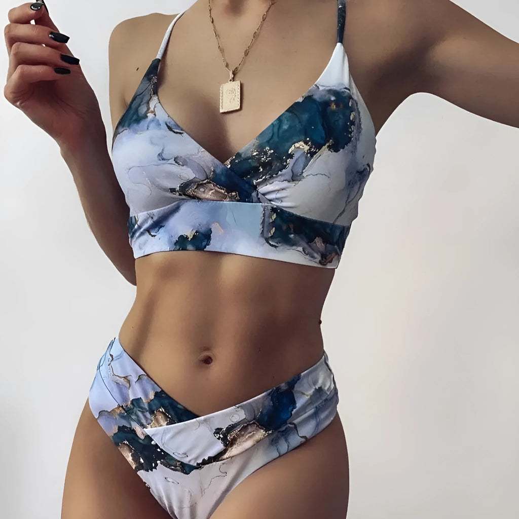 Women's marble tie-dye print high waist bikini with U-neck top separated swimwear