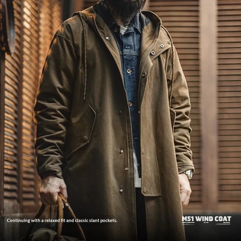 Men's military style brushed fleece hooded windbreaker loose pure cotton mid-length coat autumn brown