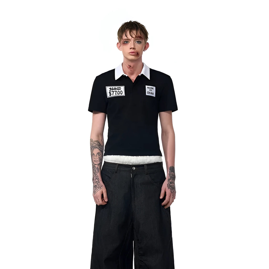 Black slim fit men's polo collar short sleeve T-shirt with embroidery detail on front.