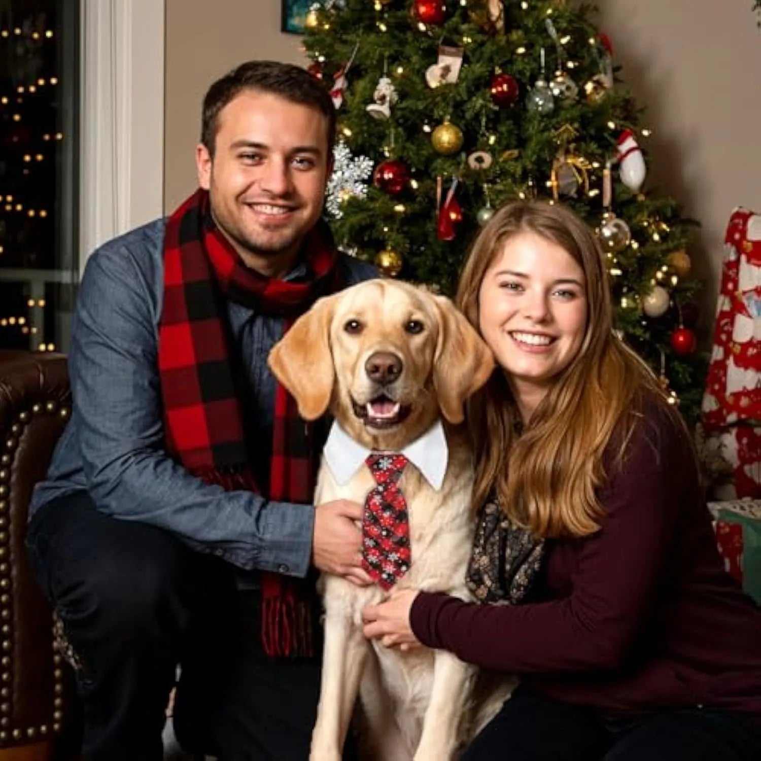 Adjustable Christmas dog necktie in red plaid with snowflake pattern, sized for small medium cats and dogs.