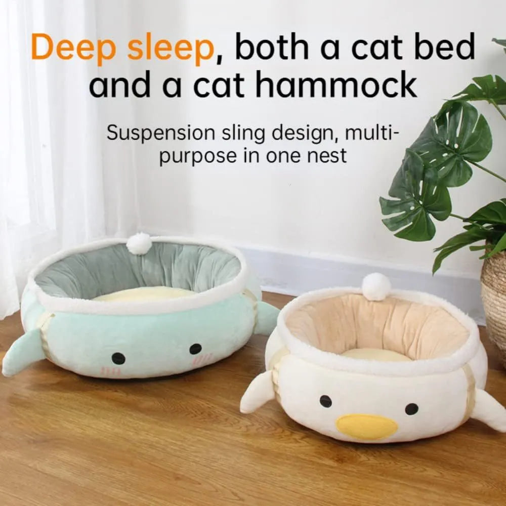Green chick dinosaur shape cat bed with hanging straps that converts to pet hammock