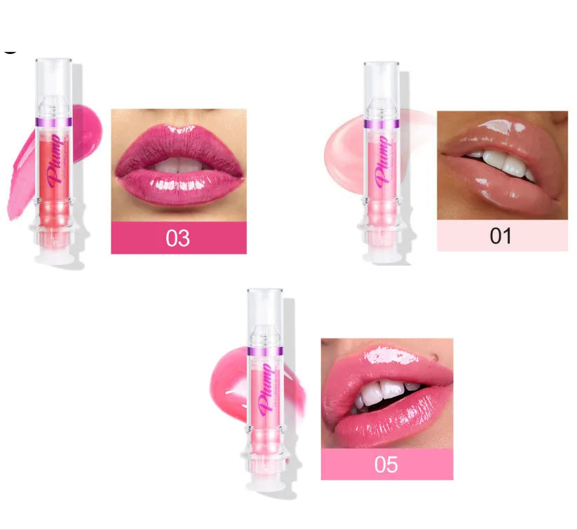 Tube of lip gloss showing shiny finish, available in six different colour shades.