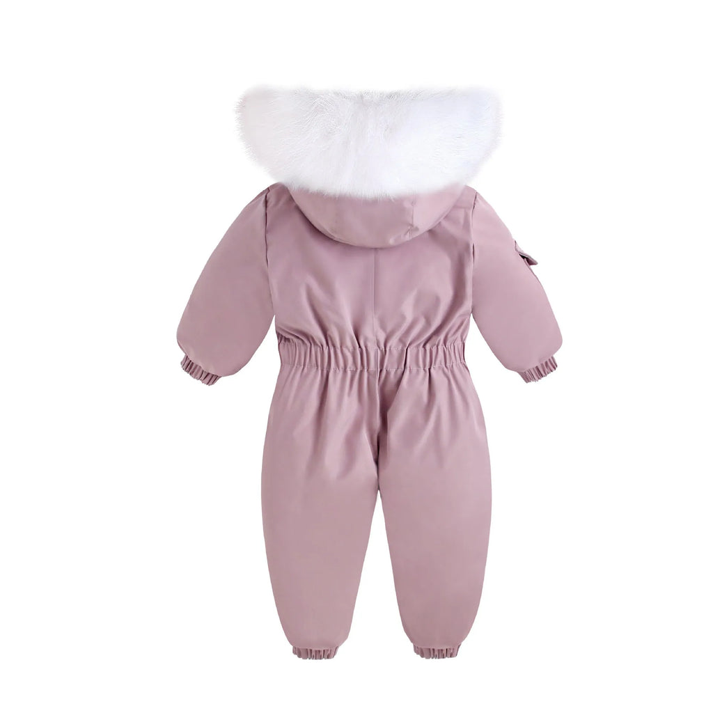 Children's winter ski suit in thickened polyester fibre, long climbing style, available in milky white, navy blue, and pink for sizes 90-120cm