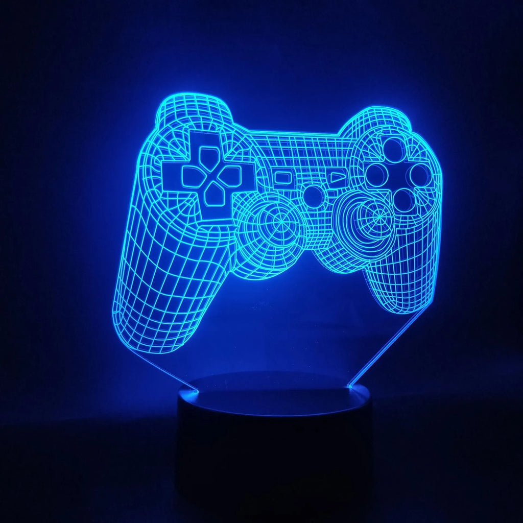Gamepad 3D night light showing seven colour modes with touch switch and remote control, acrylic and ABS construction