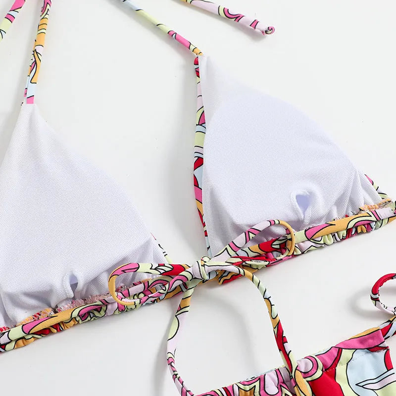 Women's printed triangle bikini with separate top and bottom in multicolour pattern