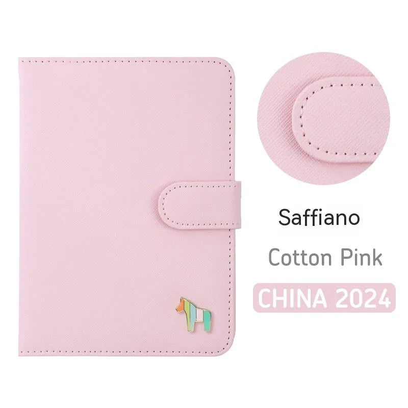 Leather schedule book showing 164x120mm dimensions with 396-day account pages and multiple colour options
