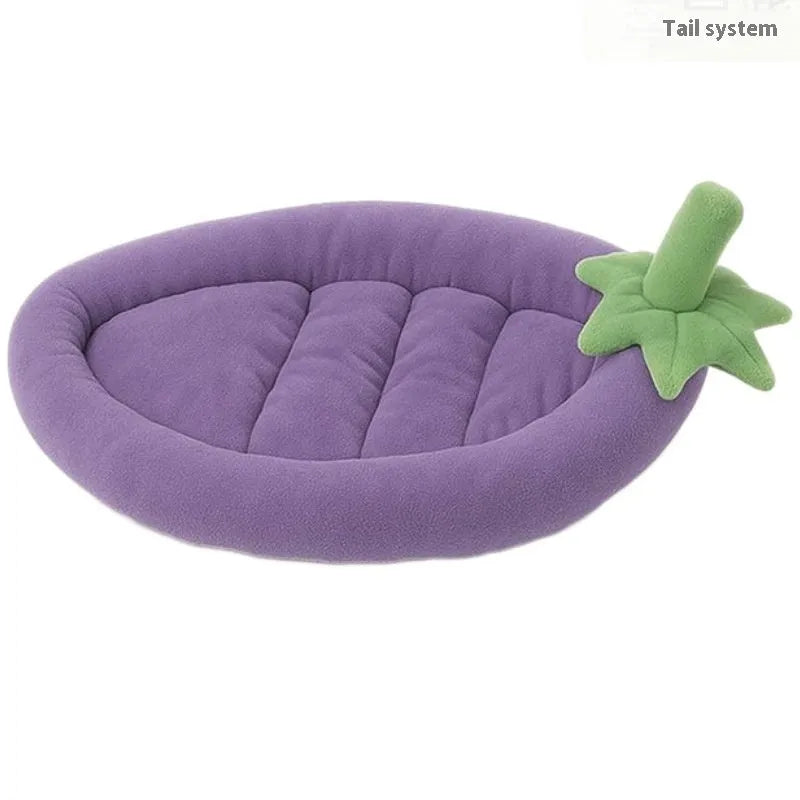 Washable dog mat pet bed in purple colour, shown in a home setting next to a small dog.