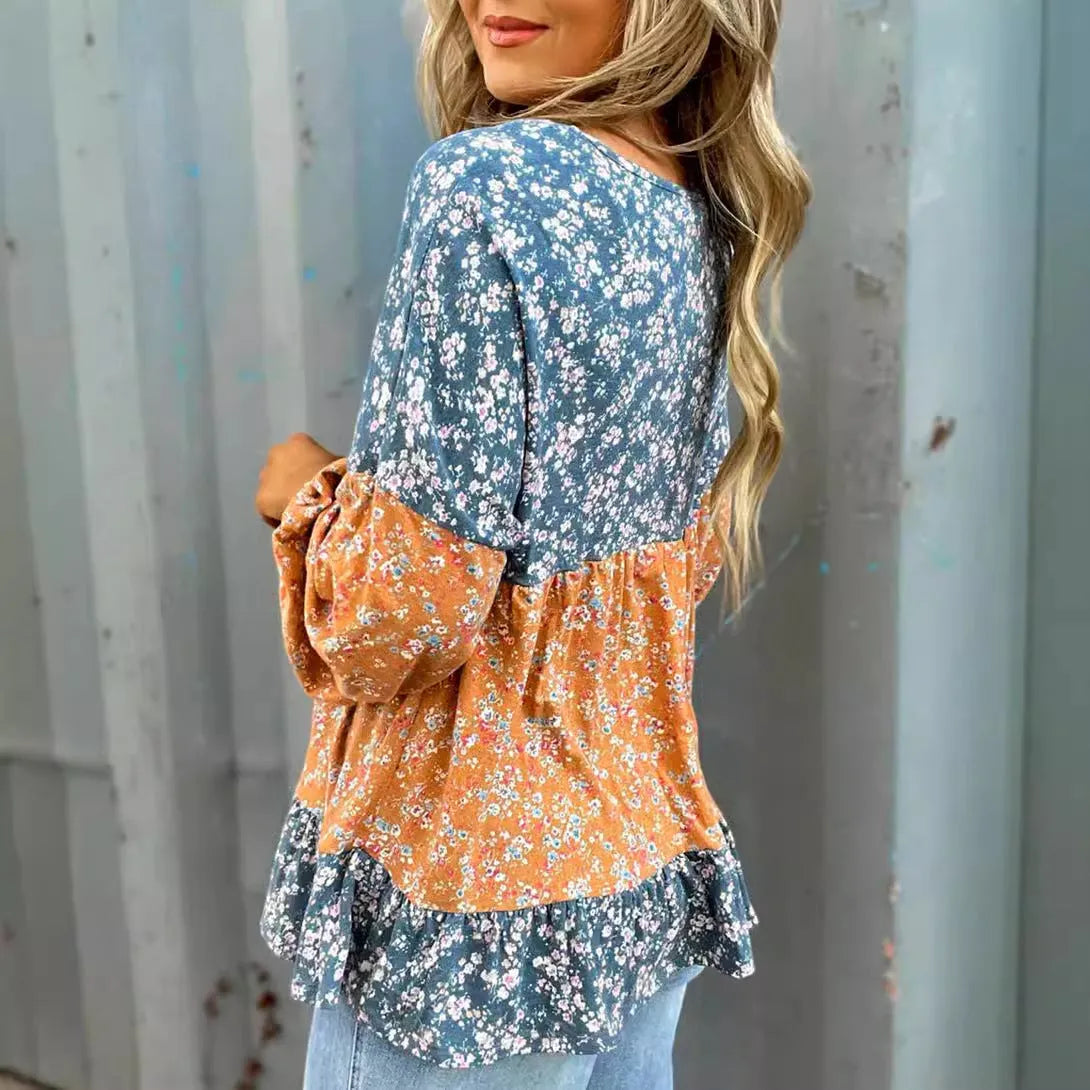 Women's digital printed floral chiffon shirt in orange with contrast colour, loose pullover style, round neck