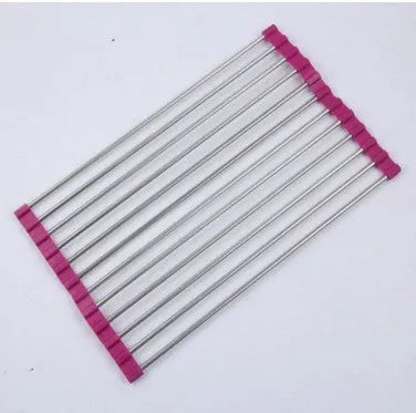 Stainless steel folding kitchen sink drain rack shown in a choice of colours