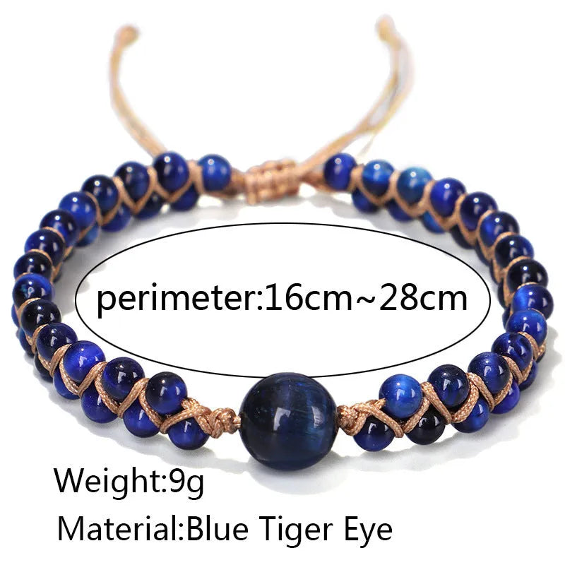 Handmade woven geometric pull bracelet in blue Tigereye or Amethyst stone beads for casual unisex wear.