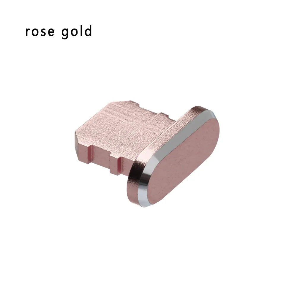 Aluminium alloy charging port dust plug for iPhone in various colours including gold, black, and rose gold.