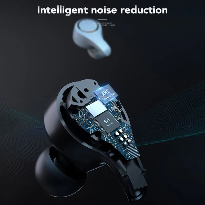 Black and white wireless ANC Bluetooth in-ear headphones with charging case