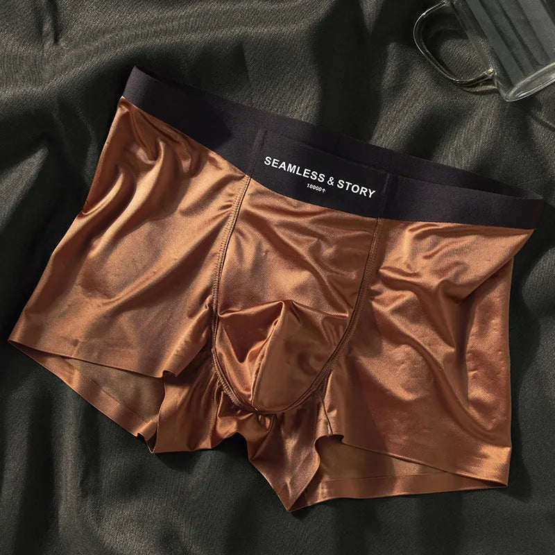 Men's ice silk boxer shorts in solid colours showing mid waist traceless design