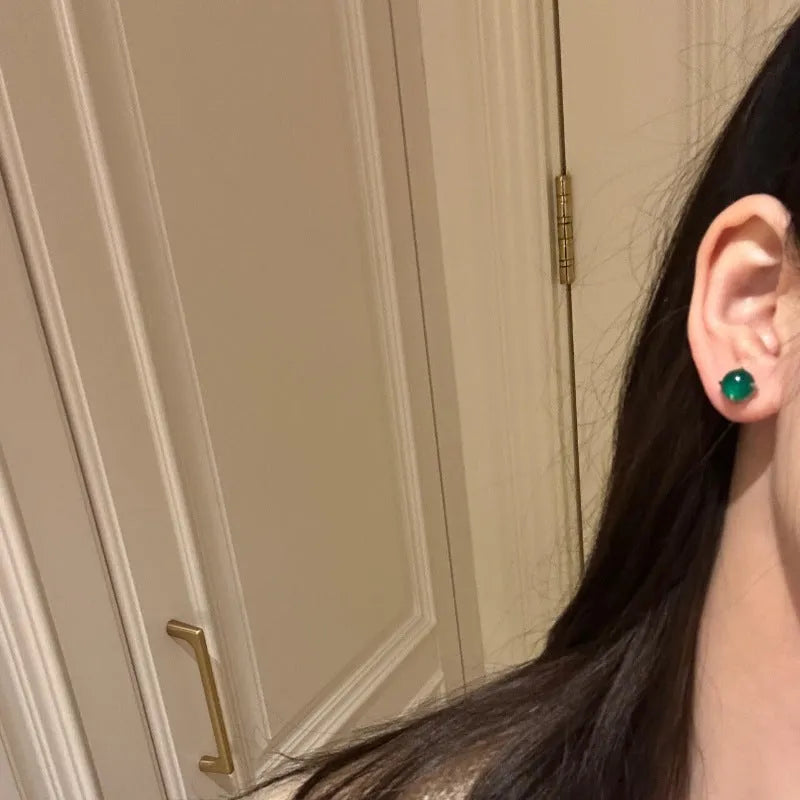 Chinese style round chalcedony stud earrings with four-claw settings in three colour options